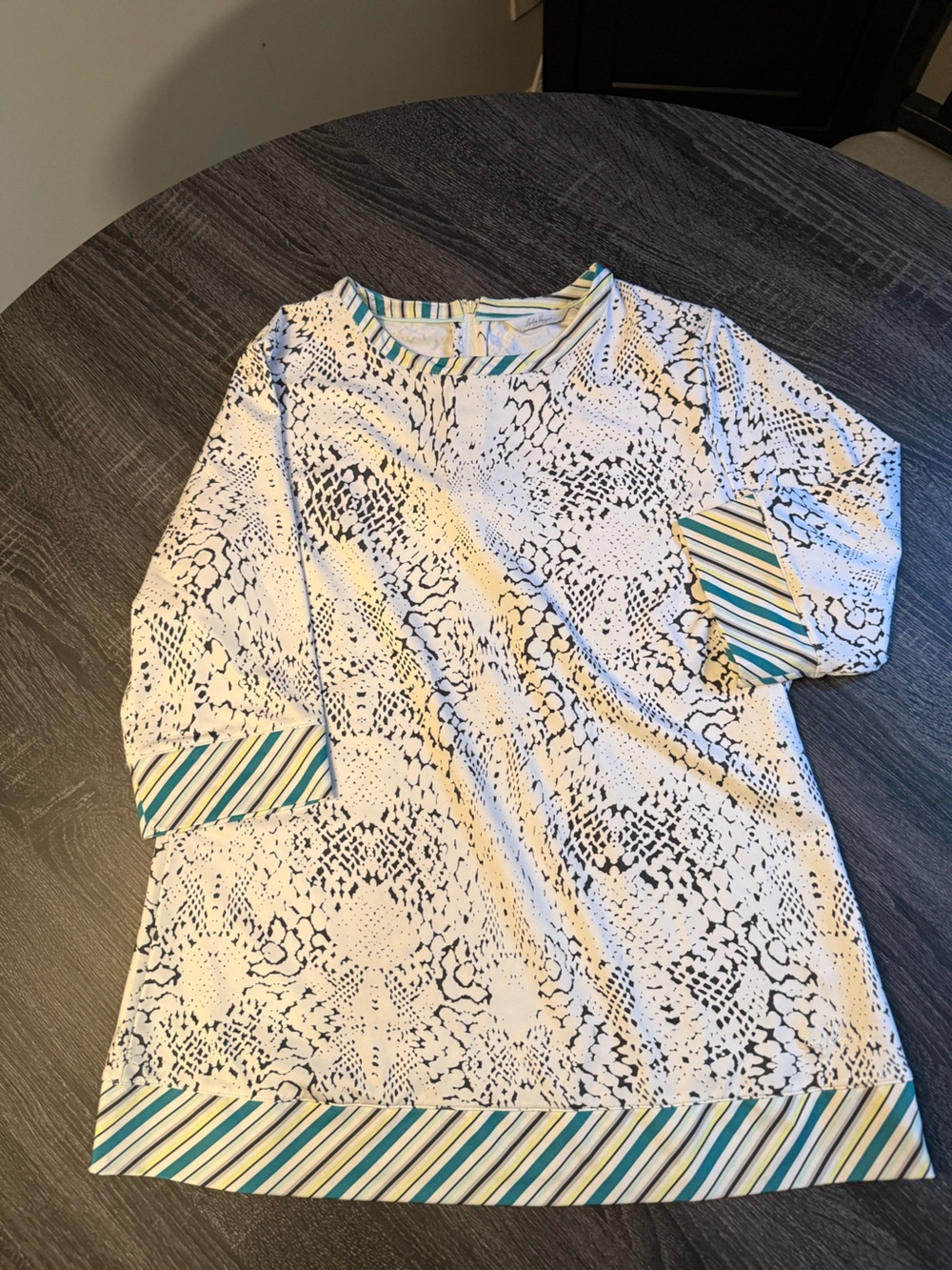 Lady Hagen White and Black Snake-Print Tunic with Teal & Yellow Stripe Trim